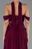 Mürdüm Kayık Yaka Saten Peplum Kesim Uzun Şifon Abiye ABU5327