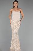 Bej Straplez Peplum Kesim Eteği Pullu Uzun Abiye ABU6546