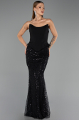 Siyah Straplez Peplum Kesim Eteği Pullu Uzun Abiye ABU6546