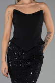 Siyah Straplez Peplum Kesim Eteği Pullu Uzun Abiye ABU6546