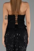 Siyah Straplez Peplum Kesim Eteği Pullu Uzun Abiye ABU6546