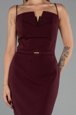 Bordo Askılı Kemerli Midi Davet Elbisesi ABK2687