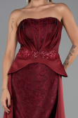 Bordo Straplez Peplum Kesim Kuyruklu Uzun Dantel Abiye ABU5615