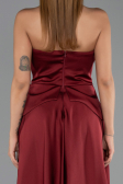 Bordo Straplez Peplum Kesim Kuyruklu Uzun Dantel Abiye ABU5615