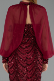 Bordo Straplez Uzun Kol Pelerin Detay Pullu Abiye ABU6298
