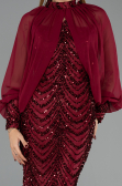 Bordo Straplez Uzun Kol Pelerin Detay Pullu Abiye ABU6298