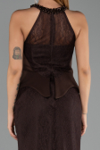 Kahve Halter Yaka Peplum Uzun Dantel Abiye Elbise ABU6425