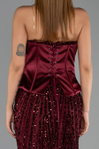 Bordo Straplez Portatif Korse Detay Uzun Pullu Abiye ABU6556