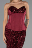Bordo Straplez Portatif Korse Detay Uzun Pullu Abiye ABU6556