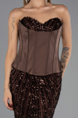 Kahve Straplez Portatif Korse Detay Uzun Pullu Abiye ABU6556