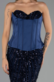 Lacivert Straplez Portatif Korse Detay Uzun Pullu Abiye ABU6556