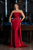 Kırmızı Straplez Peplum Kesim Kuyruklu Uzun Dantel Abiye ABU5615