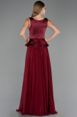 Bordo Saten Kare Yaka Peplum Uzun Şifon Abiye Elbise ABU6568
