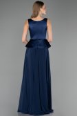 Lacivert Saten Kare Yaka Peplum Uzun Şifon Abiye Elbise ABU6568