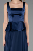Lacivert Saten Kare Yaka Peplum Uzun Şifon Abiye Elbise ABU6568