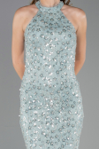 Mint Halter Yaka Uzun Pullu Dantel Abiye Elbise ABU6578