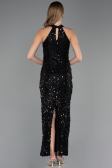 Siyah Halter Yaka Uzun Pullu Dantel Abiye Elbise ABU6578