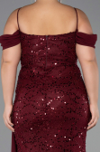 Bordo Askılı Yırtmaçlı Uzun Pullu Büyük Beden Abiye ABU6134