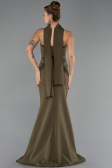 Haki Kare Yaka Peplum Kesim Uzun Balık Abiye Elbise ABU6575