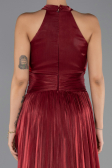 Bordo Halter Yaka Yırtmaçlı Uzun Şifon Abiye Elbise ABU6594