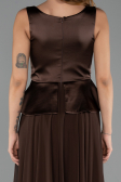 Kahve Saten Kare Yaka Peplum Uzun Şifon Abiye Elbise ABU6568