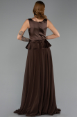 Kahve Saten Kare Yaka Peplum Uzun Şifon Abiye Elbise ABU6568