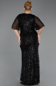 Siyah Kısa Kol V Yaka Uzun Pullu Büyük Beden Abiye ABU6373