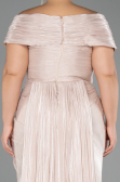 Bej Kayık Yaka Yırtmaçlı Uzun Şifon Büyük Beden Abiye ABU6604