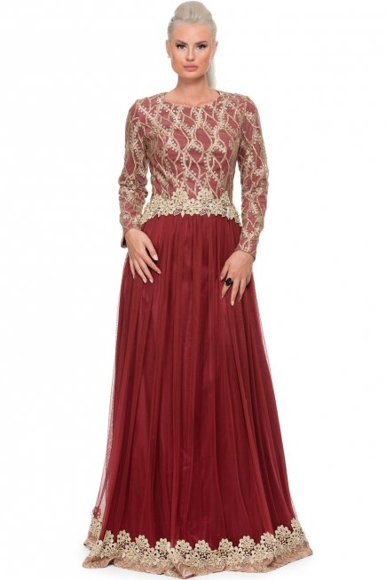 Bordo Uzun Kollu Abiye Elbise E5002