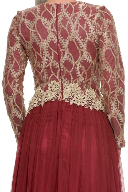 Bordo Uzun Kollu Abiye Elbise E5002