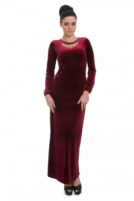 Bordo Kadife Uzun Abiye Elbise T2293