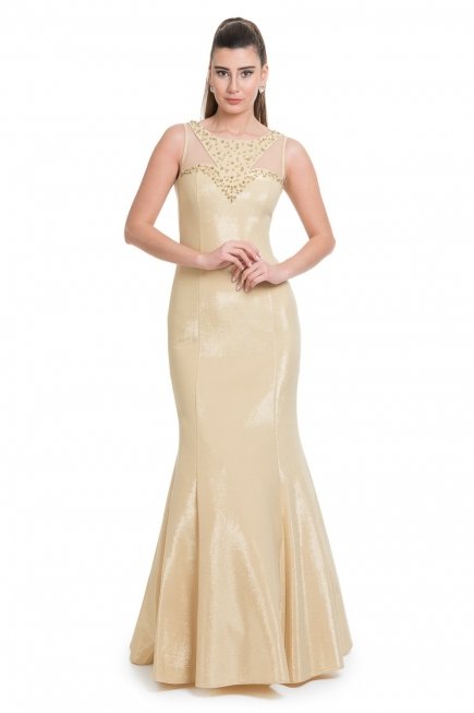 Uzun Gold Abiye Elbise S3910