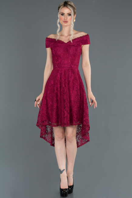 Mürdüm Önü Kısa Arkası Uzun Kayık Yaka Mezuniyet Elbisesi ABO018