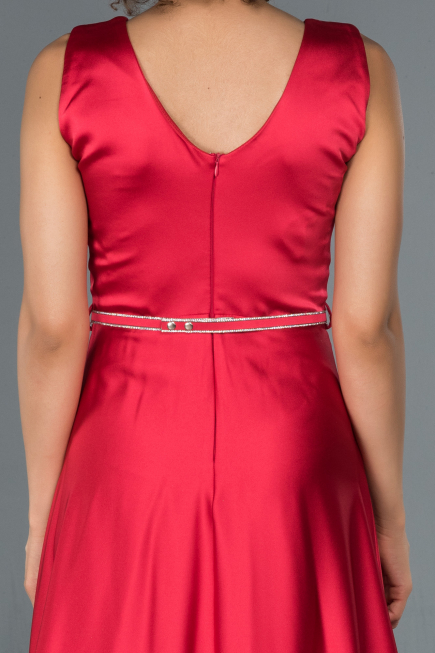 Kırmızı Kemerli V Yaka Saten Abiye Elbise ABU1175