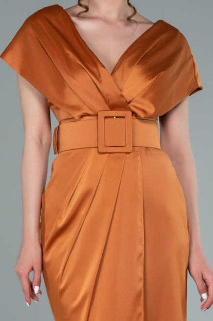 Orange Kruvaze Yaka Midi Saten Davet Elbisesi ABK1107