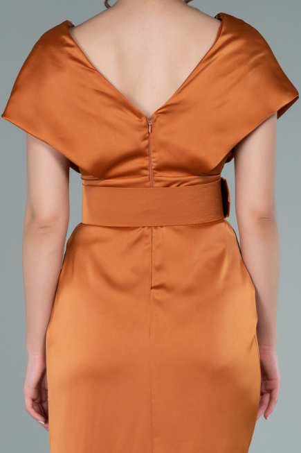 Orange Kruvaze Yaka Midi Saten Davet Elbisesi ABK1107