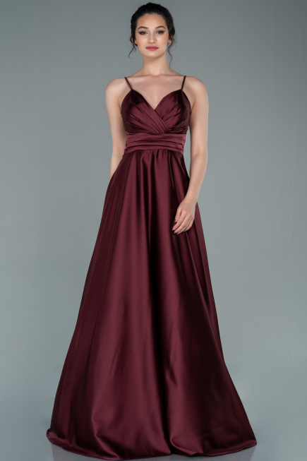 Bordo İp Askılı Bel Kemerli Saten Uzun Abiye ABU2375