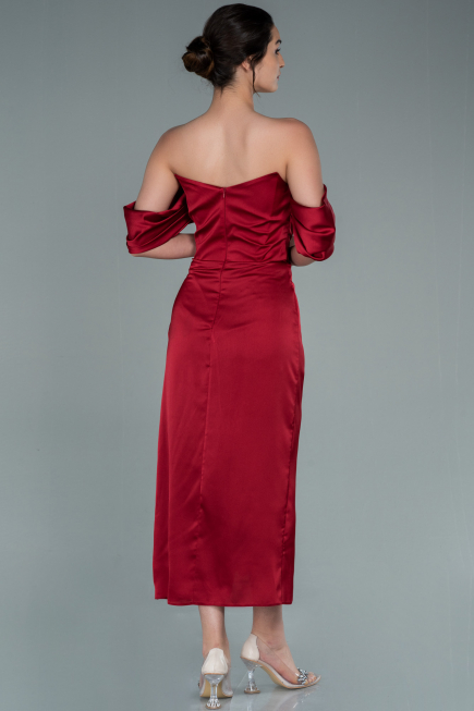 Bordo Straplez Yırtmaçlı Midi Saten Abiye Elbise ABK1404