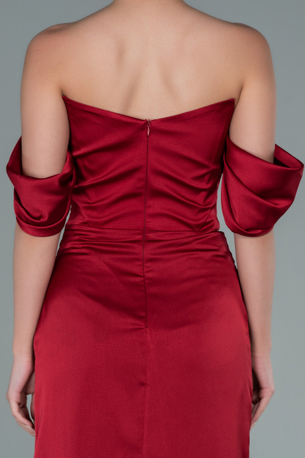 Bordo Straplez Yırtmaçlı Midi Saten Abiye Elbise ABK1404