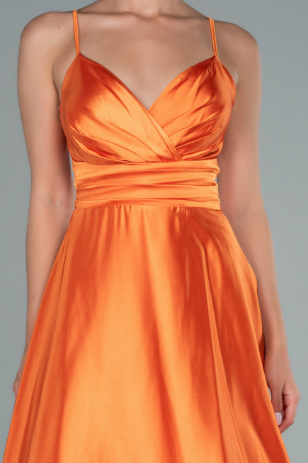 Orange İp Askılı Bel Kemerli Saten Uzun Abiye ABU2375