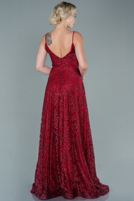 Bordo İp Askılı Uzun Simli Abiye Elbise ABU2551