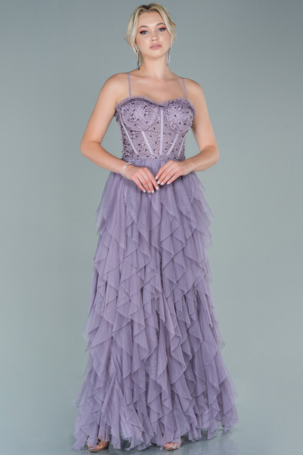 Lavanta İp Askılı Eteği Fırfırlı Uzun Abiye Elbise ABU2552
