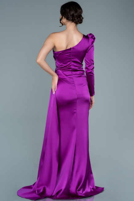 Violet Tek Kol Yırtmaçlı Uzun Saten Abiye ABU2676