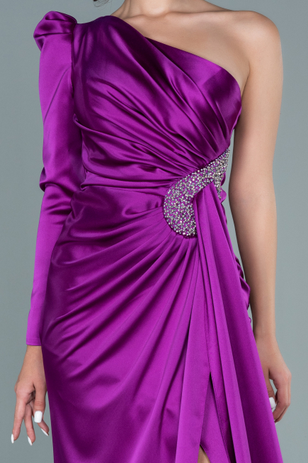 Violet Tek Kol Yırtmaçlı Uzun Saten Abiye ABU2676