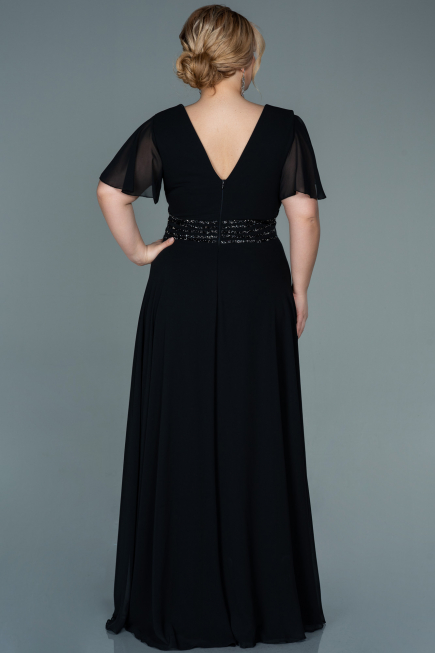Siyah Kısa Kol Şifon Uzun Büyük Beden Abiye ABU2755