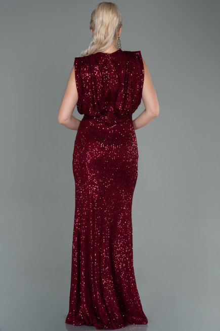 Bordo Halter Yaka Yırtmaçlı Uzun Pullu Abiye ABU2752