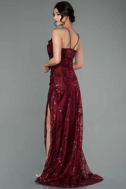 Bordo Degaje Yaka Pullu Uzun Abiye Elbise ABU2803