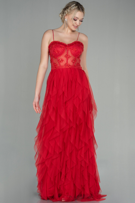 Uzun Kırmızı Abiye Elbise ABU2822