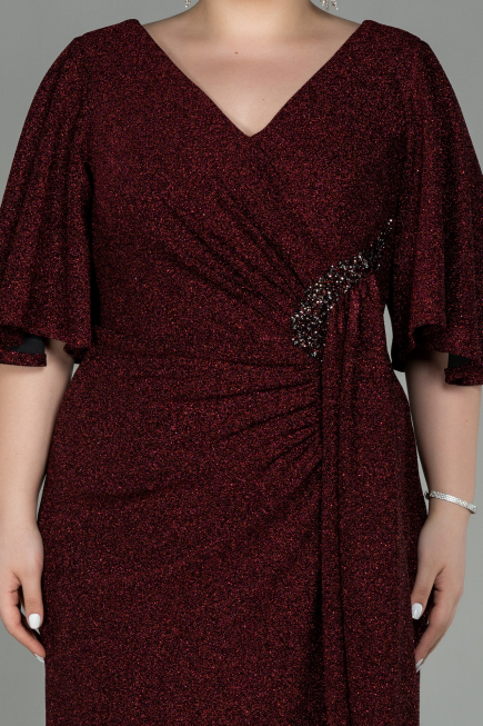 Bordo Kısa Kol V Yaka Midi Büyük Beden Abiye ABK1625