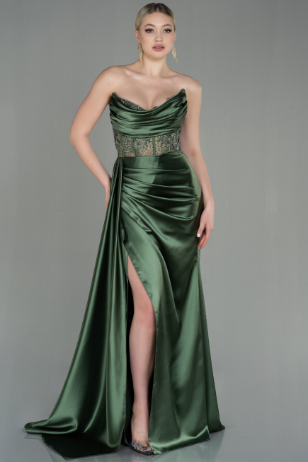 Yağ Yeşili Straplez Drapeli Uzun Saten Abiye ABU2127